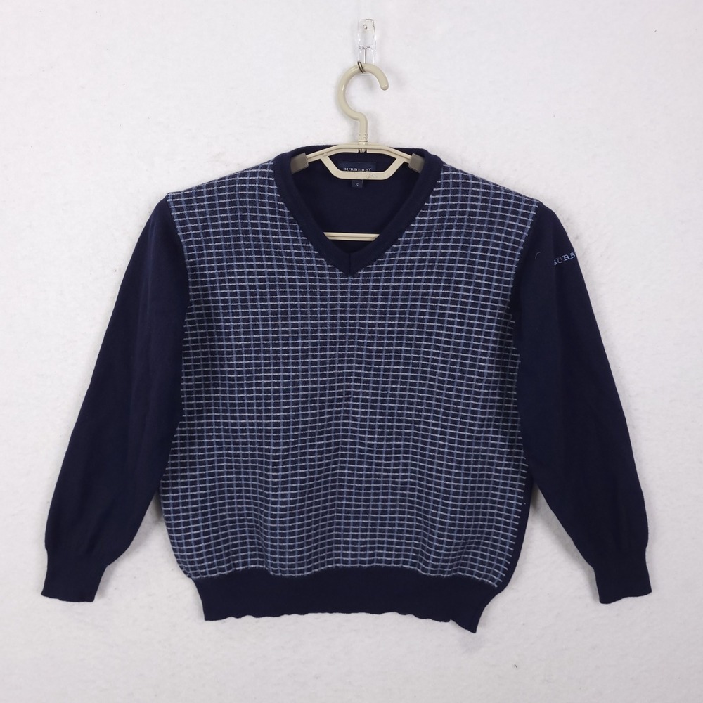 Burberry Golf V-Neck Wool Sweater Mens S Navy Blue Check Knit Italy Luxury